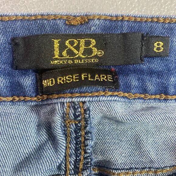 LUCKY & BLESSED Jeans Super Flare Bell Bottom Mid Rise Distressed Womens 8 Blue - Picture 3 of 11